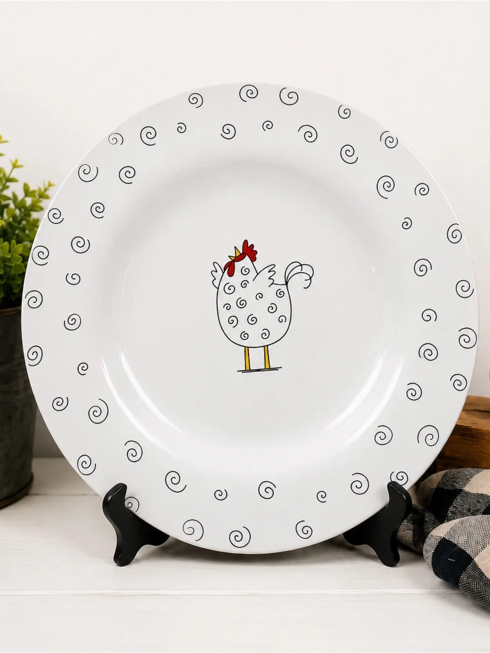 Blue Sky White Ceramic Chicken Dinner Plate - Whimsical Farmhouse Design